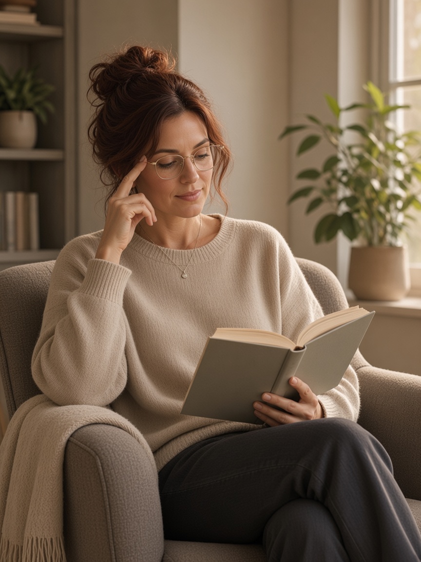 Mujer con gafas leyendo un libro en un sillón
